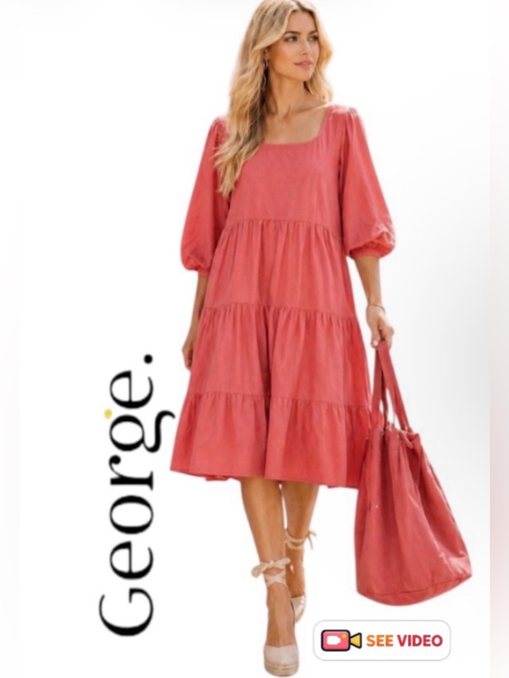 2X George Plus Tiered Dress in Cotton with Square Neck and Voluminous Sleeve.